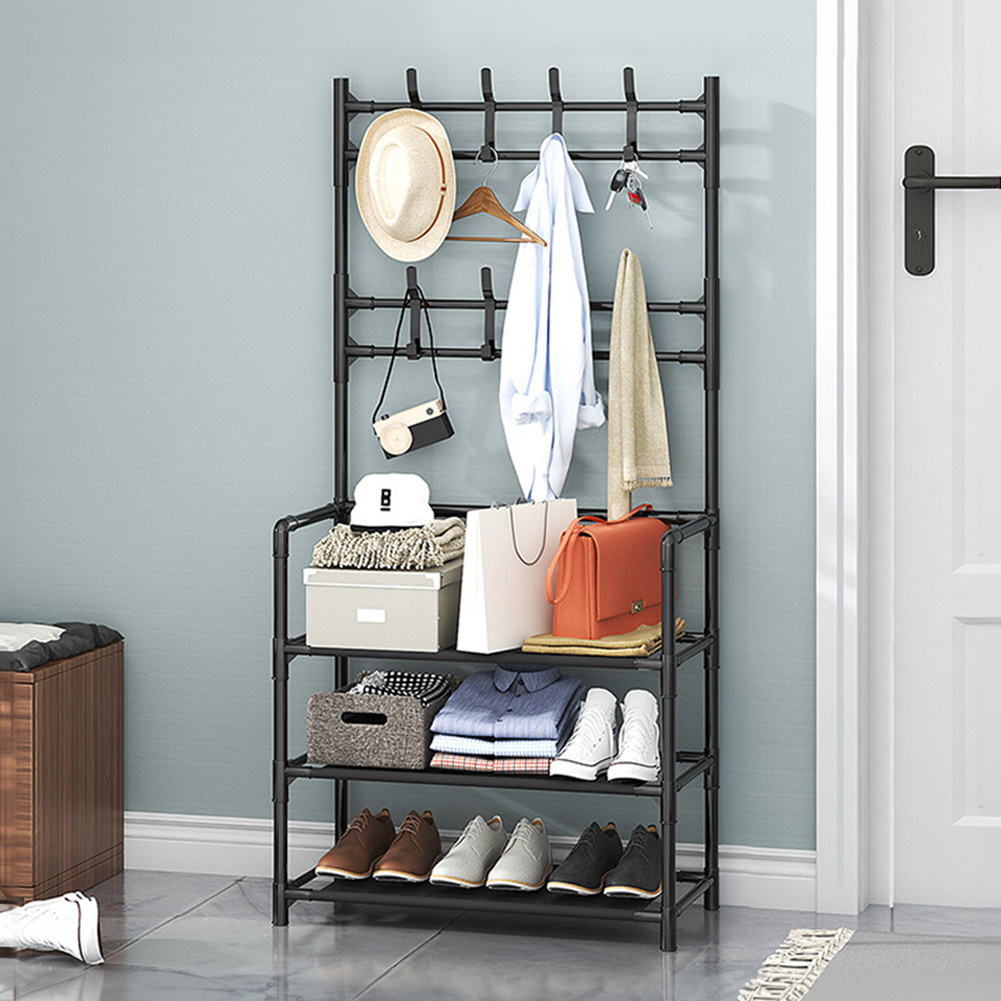 TEMU Metal Shoe Rack With Coat Hooks 3 Tier Non-woven Fabric Shelves- Freestanding Entryway Storage Solution, Industrial Coat Rack Stand Shoe Bench 8