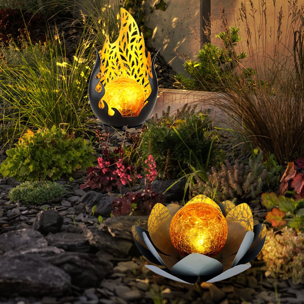 Image of Solar Lantern Flame Design Outdoor Solar Flower Outdoor Lotus Flower Solar Crackle Glass, Gray, , 1x Lotus Flower 1x Flame Design, 2pcs Set