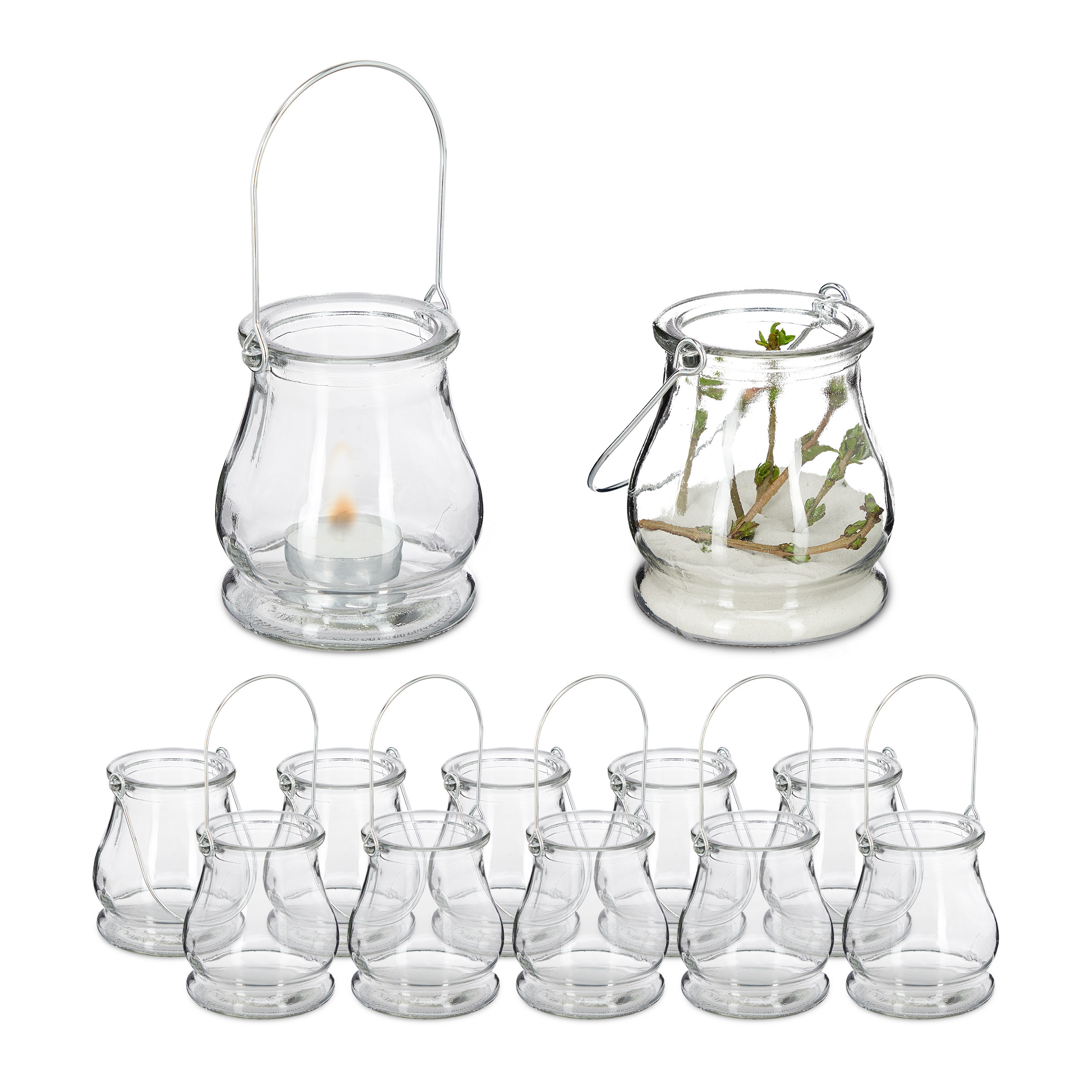 TEMU Belly-shaped Wind Lanterns, 12-pack, Glass With Metal Hoops, Transparent And Silver, 10 X 8.5 Cm, Opening 5 Cm, Height With Handle 18 Cm, For