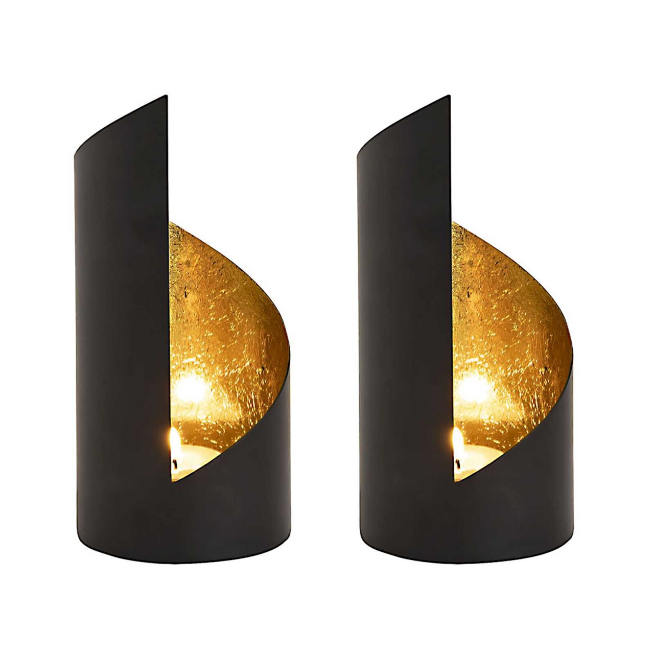 Image of Tea Light Holder Set 2pcs Candle Holder Cylindrical Black Matte Golden-plated Inside