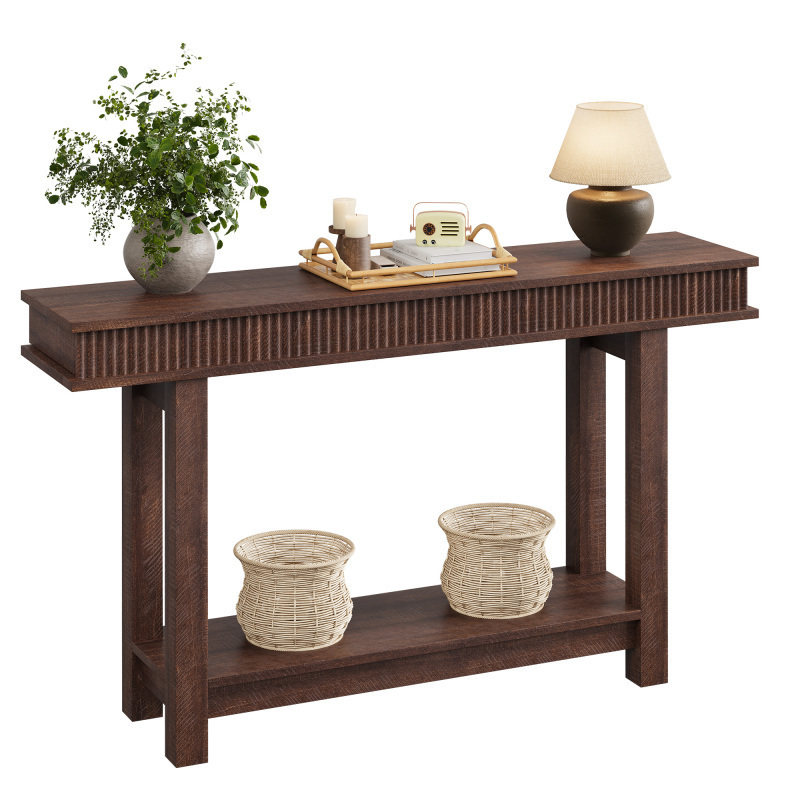 Farmhouse Fluted Wooden Console Table, 2-tier Rectangular Entryway Table With Storage Shelf, Narrow Sofa Desk For Hallway, Foyer, Dining Room