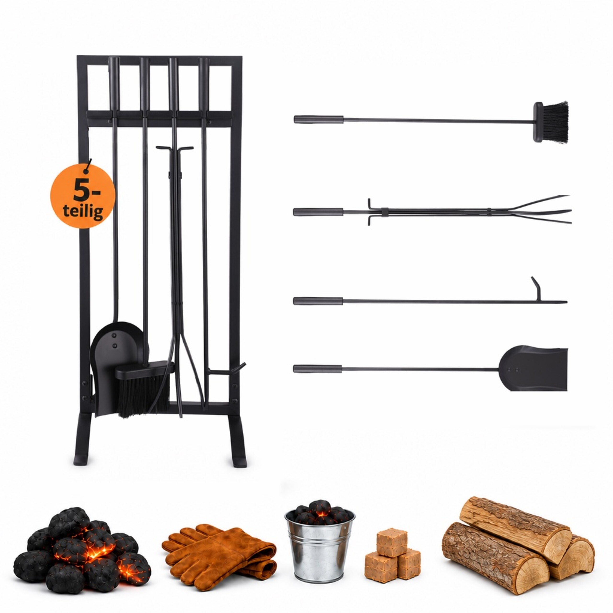 Image of Black Fireplace Tool Set, 5-piece, Iron, 79 X 31 X 27 Cm, Tools 68 Cm, Stand With Hooks, Fireproof, For Fireplace, Oven, And Living Area, Oven Accessories, Fire Poker Set, Relaxdays