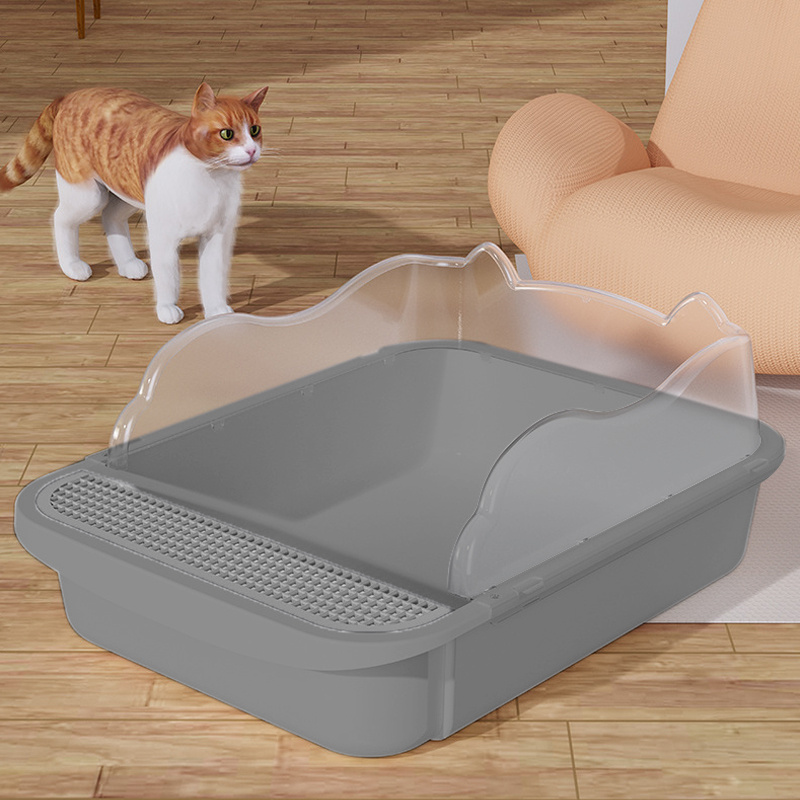 TEMU Deep Toilet Pan Cat Litter Tray In White/grey, 48*37*20cm Jumbo Large Size, High Sided Open , Includes Free Scoop With Detachable Rim For Cat
