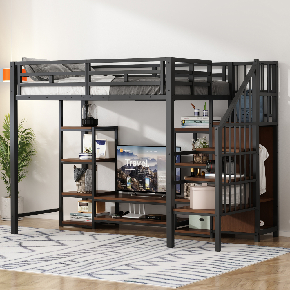 Image of 90x200 High Bed With Elevated Sleeping Surface – (metal + Wood), Safe Ladder Design, Tv Shelf – For Small Rooms, Shared Flat, Bedroom – Order & Functionality Combined