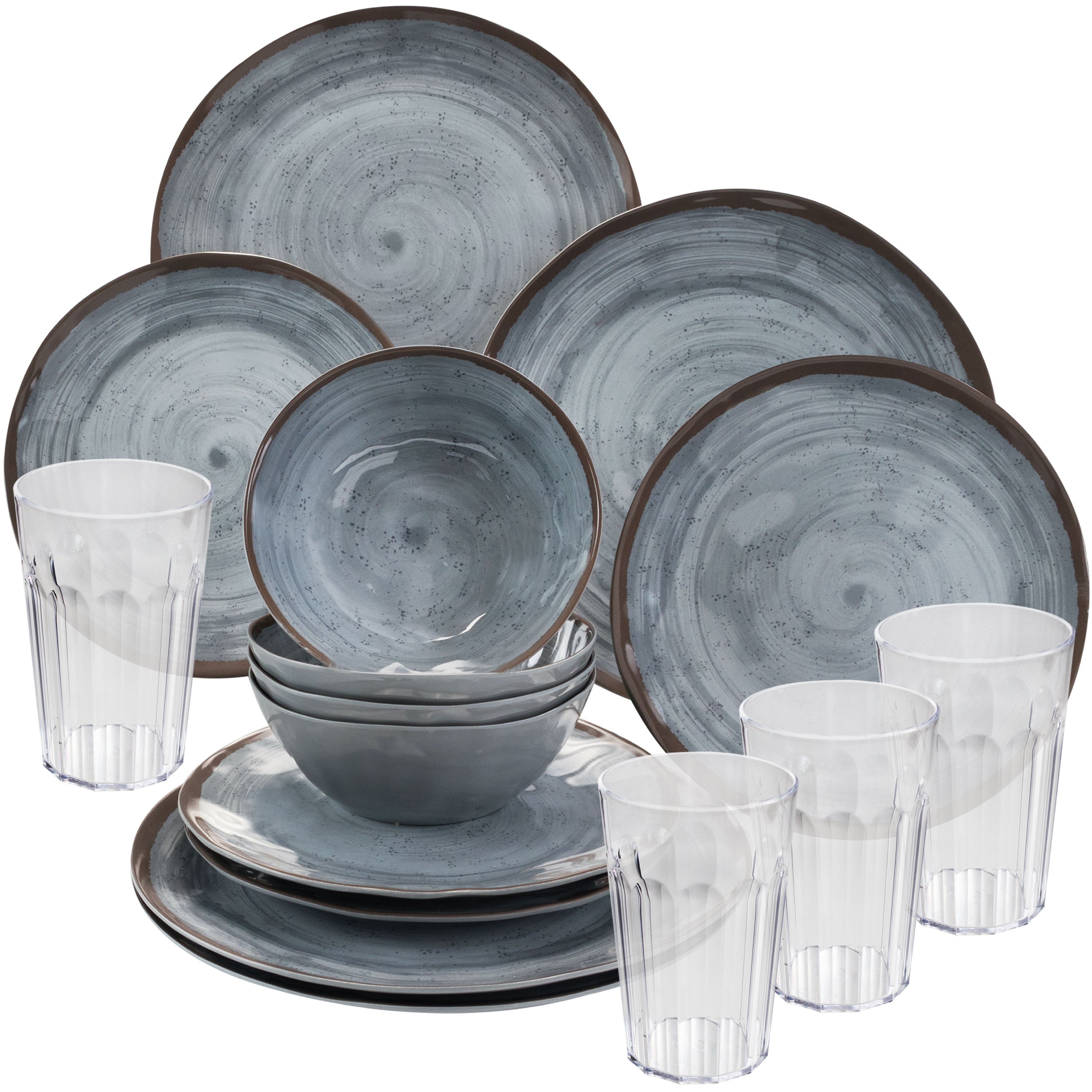 Melamine Dinner Set For - 16pcs - With Clear 630 Ml Drinking Glasses, Grey Camping Dinner Set, Modern Melamine Dinner Set, Table Dinner Set, Outdoor.