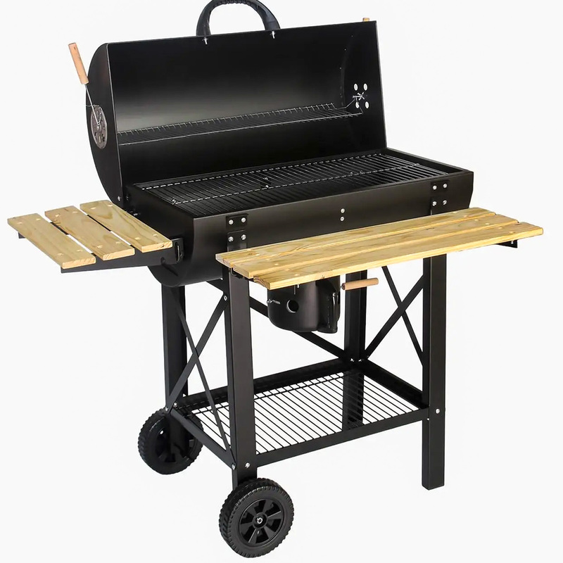 Carbon Bbq Grill With Lid And Side Shelves Garden Bbq Grill With Raised Griddle Warming Tray Steel Structure Wheels And Ash Collection Drawer 110 X 70.5 X 101.5