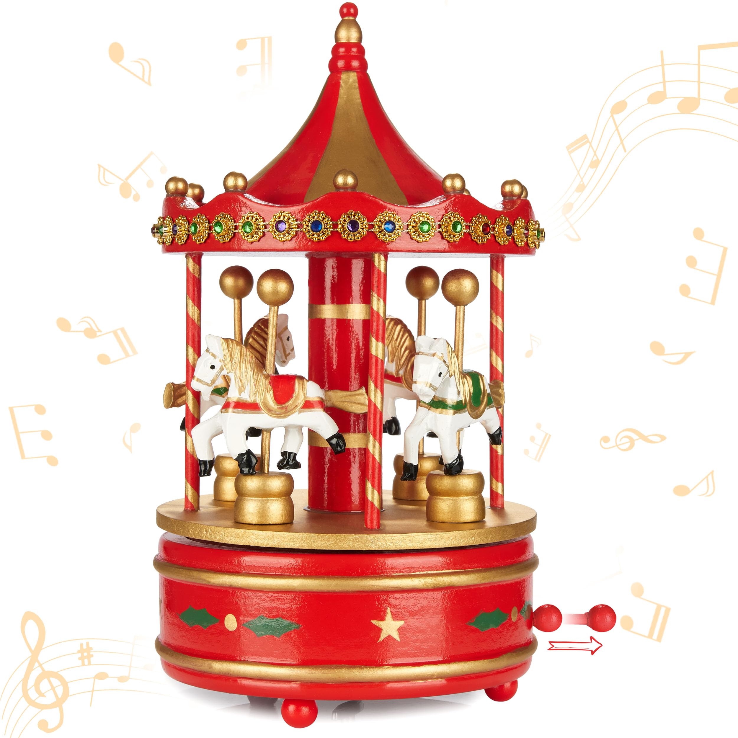 Image of Brubaker Wooden Music Box - Melody: Jingle Bells - Nostalgic Carousel With Horses - 24 Cm Music Box Decoration For Christmas - Christmas Decor Music Box - Red Gold