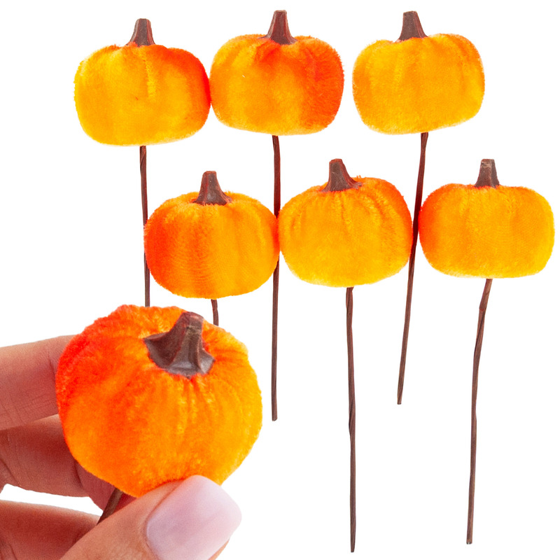 Image of Artificial Pumpkins On Sticks, 6-piece Orange Decorative Set, Perfect For Fall And Halloween