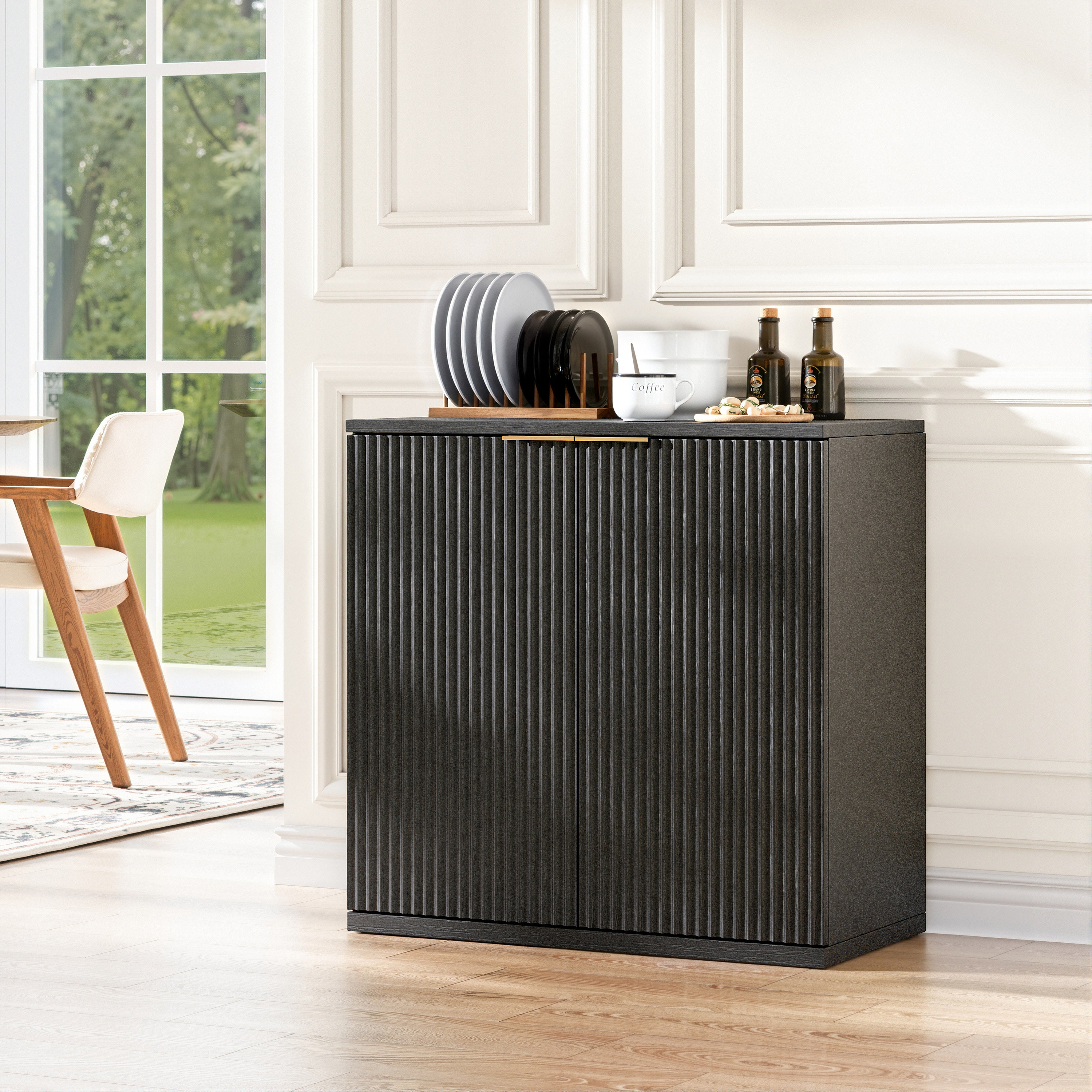 Image of Cabinet With Folding Front And Metal Handle, Multifunctional Sideboard Cabinet For Living Room & Bedroom, Light Natural Wood Decor, Black, 60x30x70 Cm