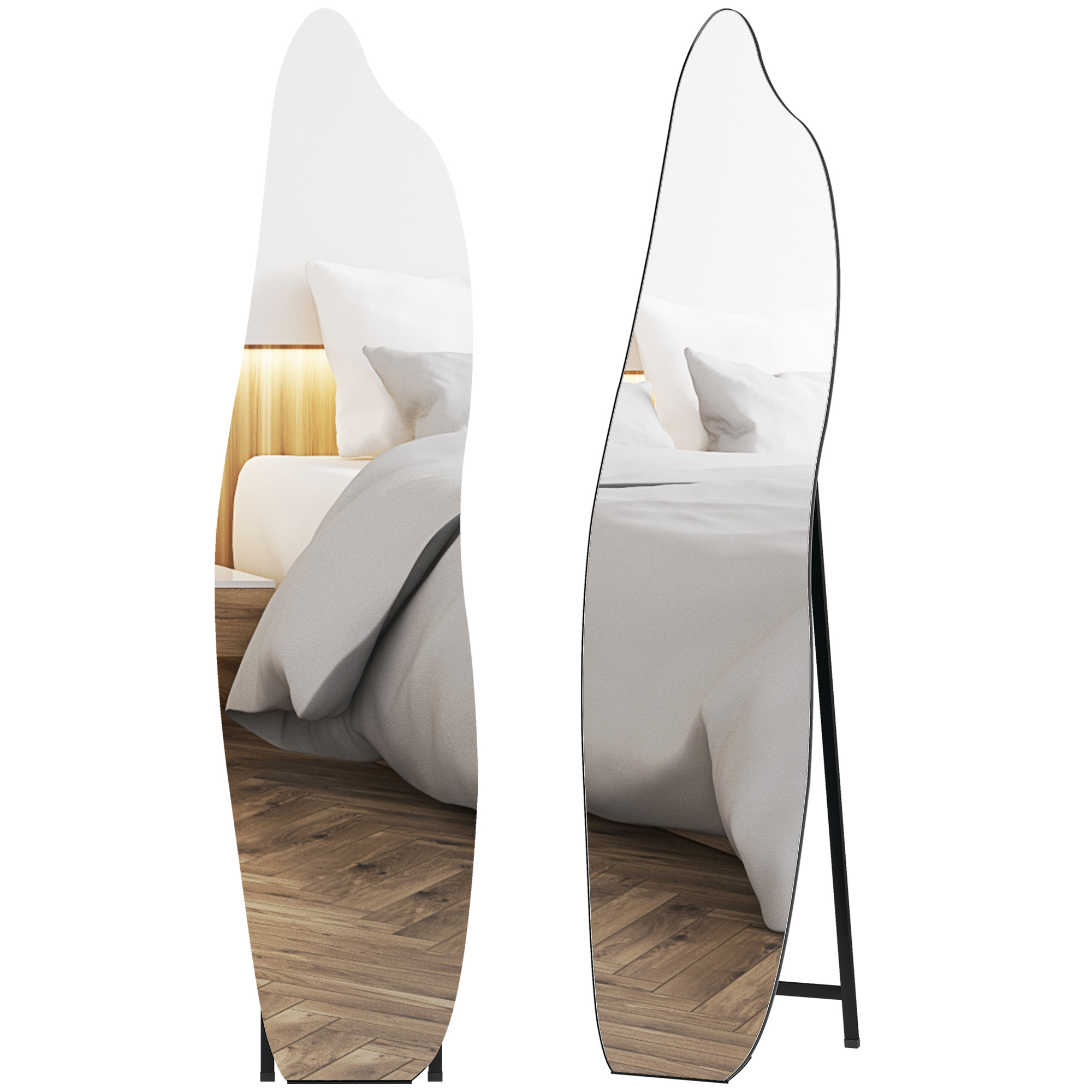 Image of Homcom Full-length Floor Mirror 160x40 Cm Without Frame, Irregularly Shaped Floor Mirror With Metal Stand, Floor Or Wall-mounted, For Living Room, Entrance And Bedroom, Black
