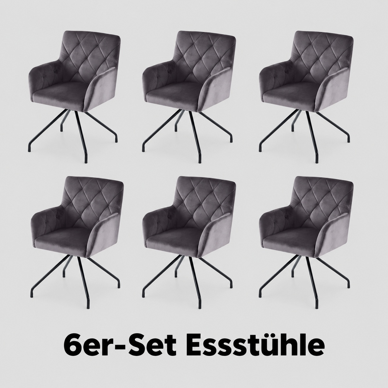 Image of 6-piece Set Dining Chairs In Grey Velvet With Diamond Quilting And Armrests, Sturdy Metal Legs For Dining Room, Office, Restaurant