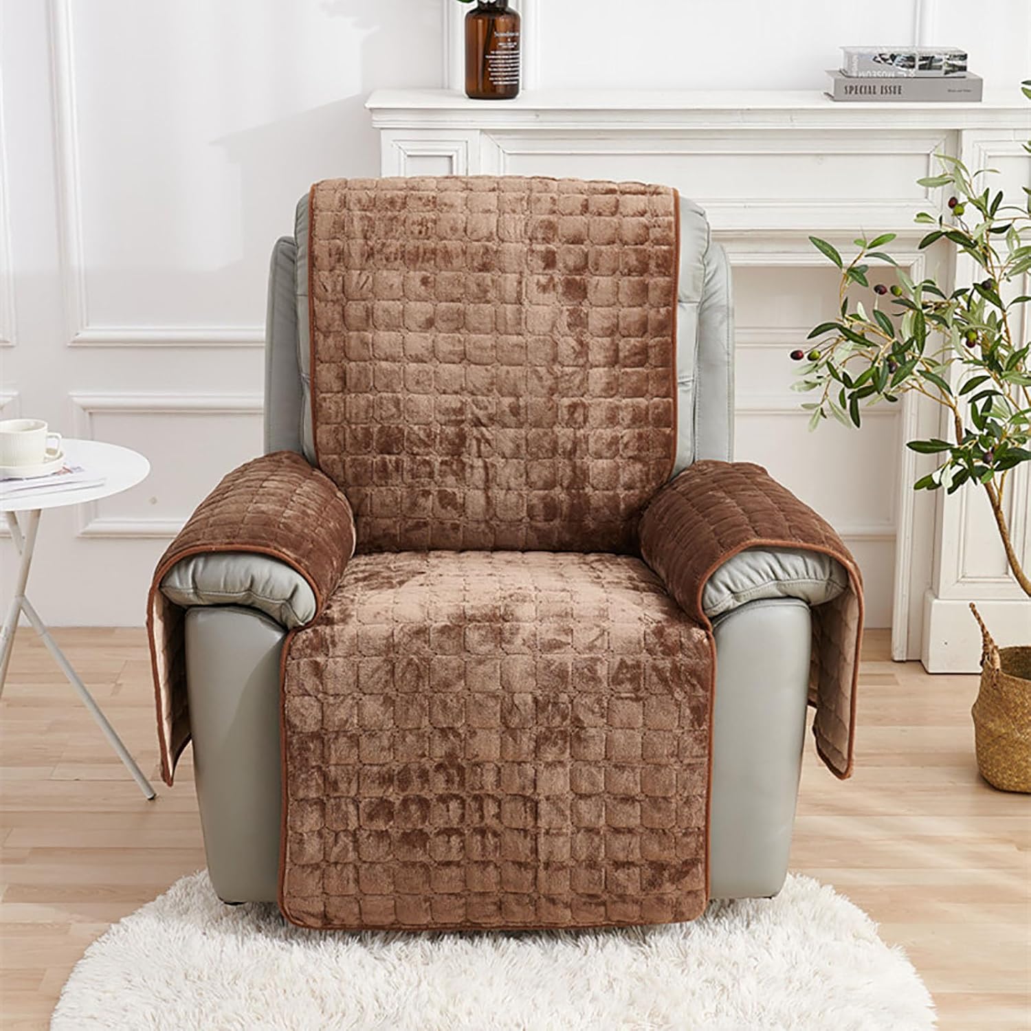Image of Non-slip Thick Flannel Armchair Cover, Soft And Warm, With Side Pocket, For Recliner Chairs