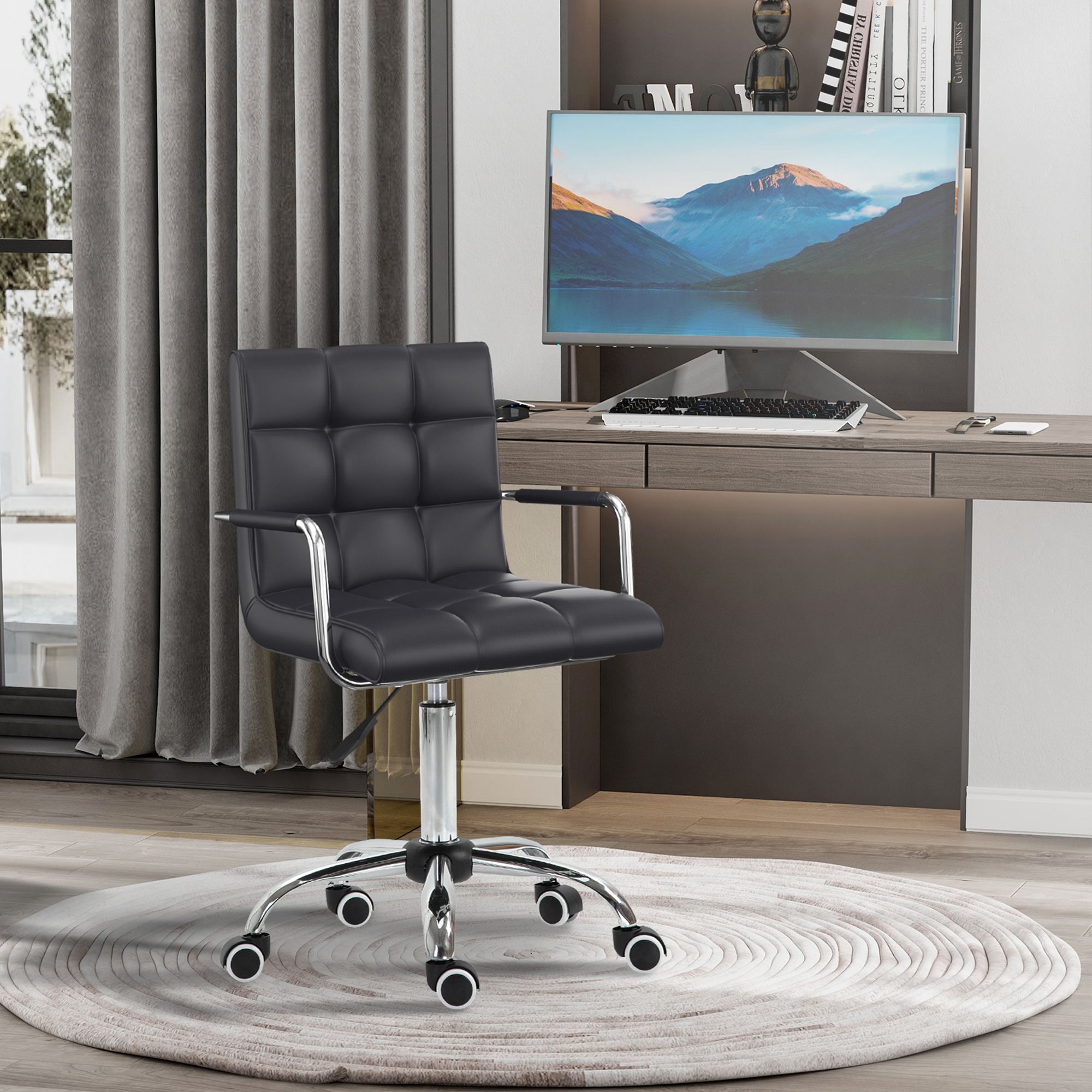Image of Office Chair Swivel Chair Beauty Stool Rolling Stool Swivel Stool Work Stool Executive Chair Desk Chair Metal Pu Black 52.5 X 54 X 84-99 Cm