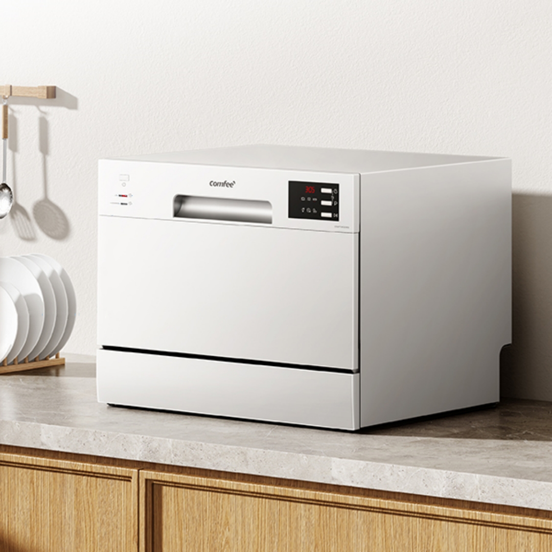 Midea COMFEE' Compact Tabletop Dishwasher – 6 Place Settings (Fits 67 Tableware Pieces, Up to 250mm Plates), 47dB Quiet Noise, Mini Countertop Size for Small Families & Couples, LED Display, 1-24H Delay Start, 6.5L Low Water (1/5 Vs Handwashing), White (Energy Class F) – Space-Saving for Small Kitchens