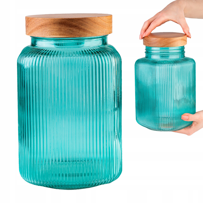 Food Storage Container 3 L - Decorative Jar, Glass Ribbed 3000 Ml, Turquoise - Glass Containers With Lids For Kitchen Organization, Tight Closure