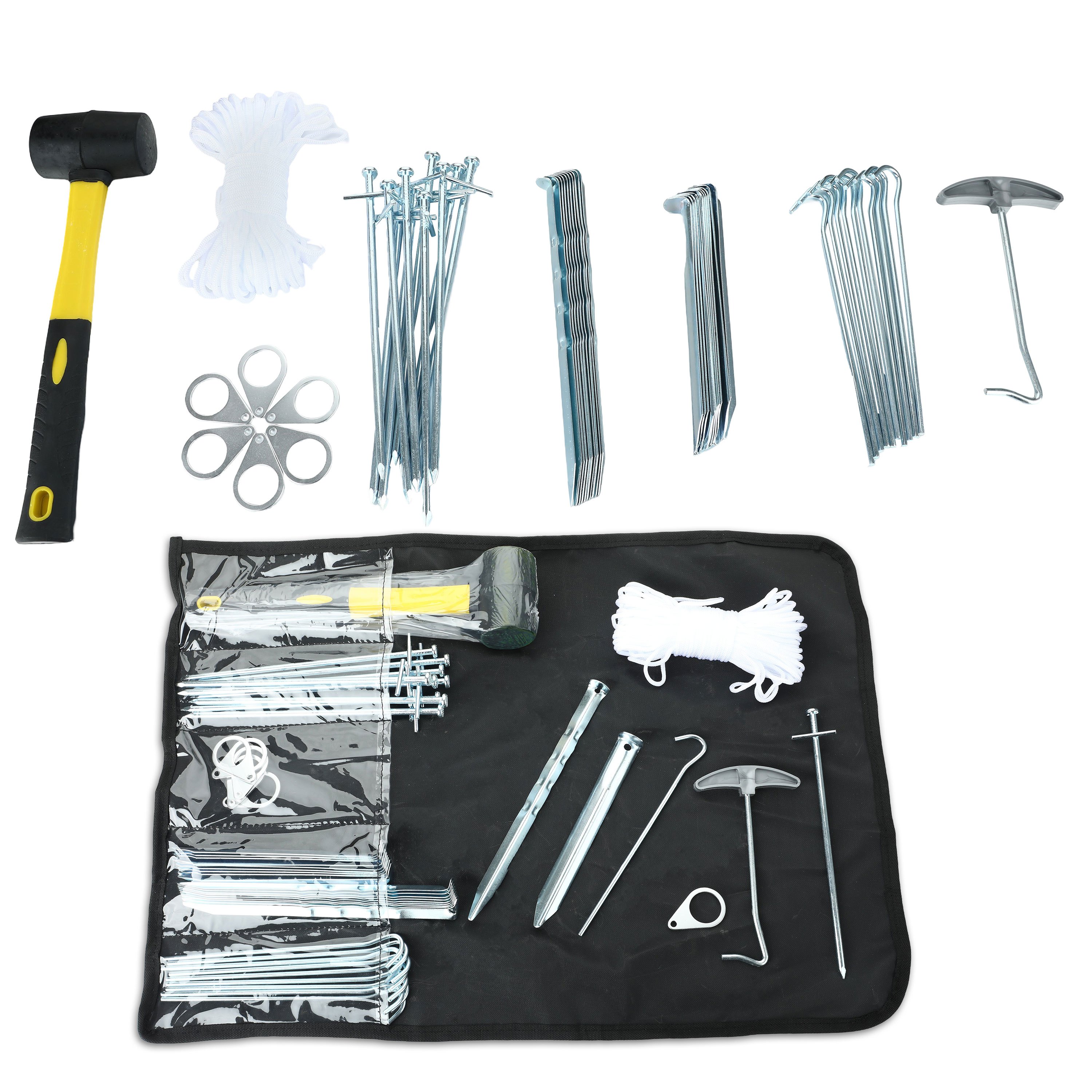 Image of Tent Accessory Set In A Bag, 50 Pieces - 40 Pegs, Peg Puller, Camping Hammer, Guyline, Rope , Camping Accessories, Ground Anchors, Tent Pegs, Tent Stakes