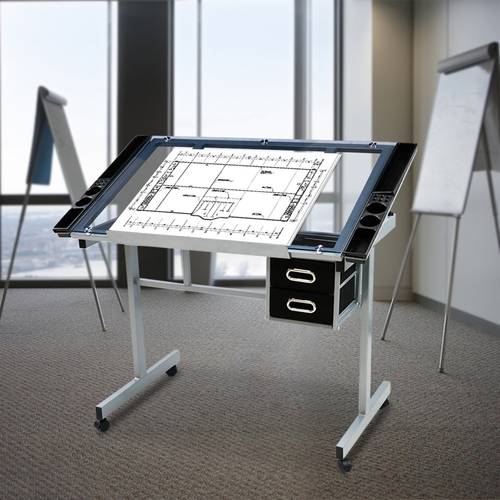 drawing craft table adjustable modern art glass desk with storage drawers drawing table computer table and writing table for drawing or working tempered glass tabletop black