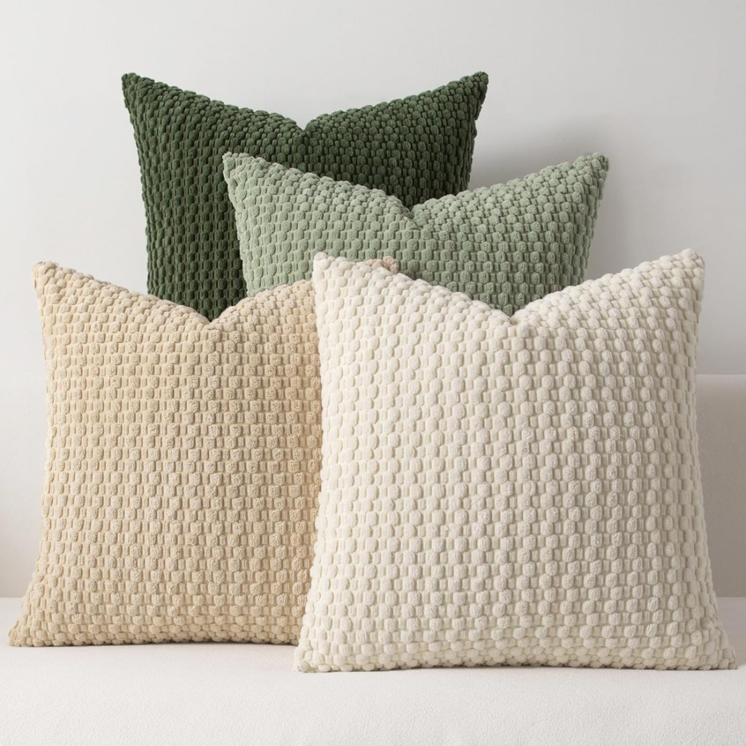 Fabric Pillowcases 4-pack Spring Super Soft Bohemian Cord Decorative Pillowcases Monochrome Plush Texture Pillows For Sofa, Couch, Armchair 18 X 18 Inches, Green