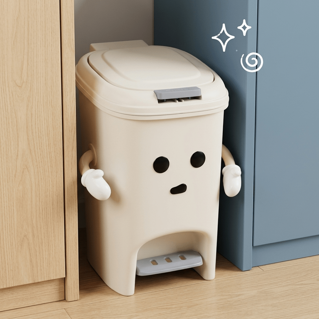 TEMU 1pc Cute Waste Bin With Lid - Pedal & Press Top Operation, Space-saving Design For Kitchens/bathrooms, Cream White Plastic