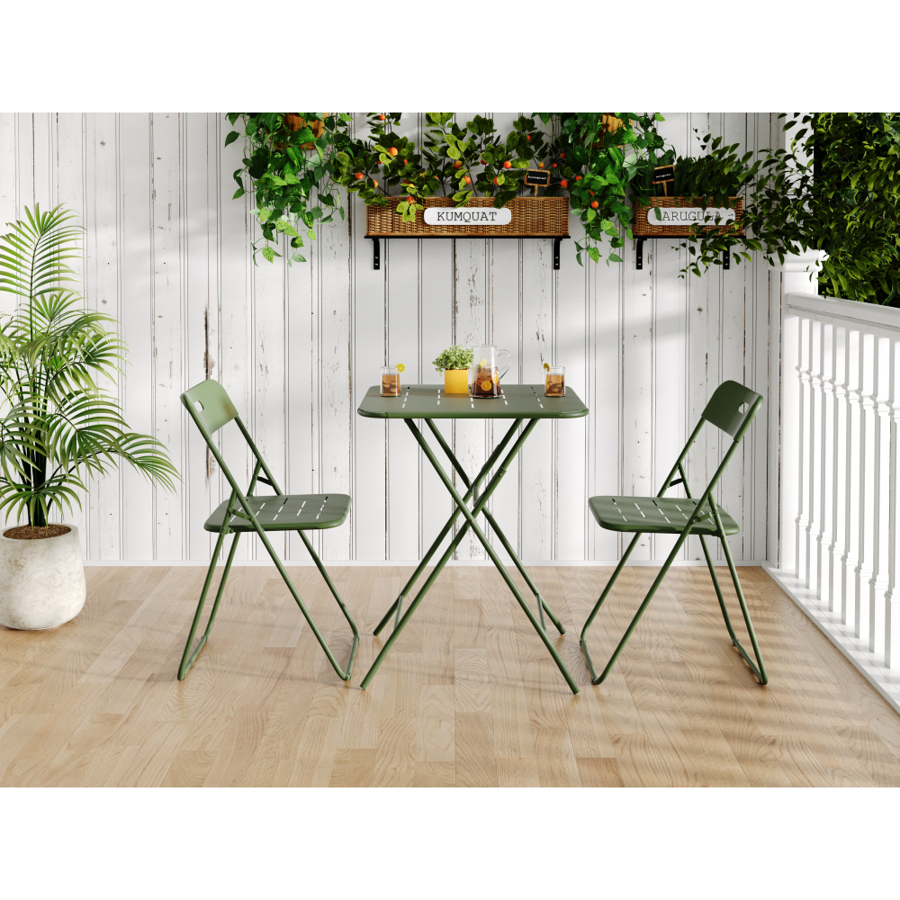 Image of Outdoor 3-piece Foldable Bistro Set, E Coating Folding Outdoor Patio Furniture Sets, 2 Chairs And , Weather-resistant Outdoor/indoor Conversation Set For Patio,green