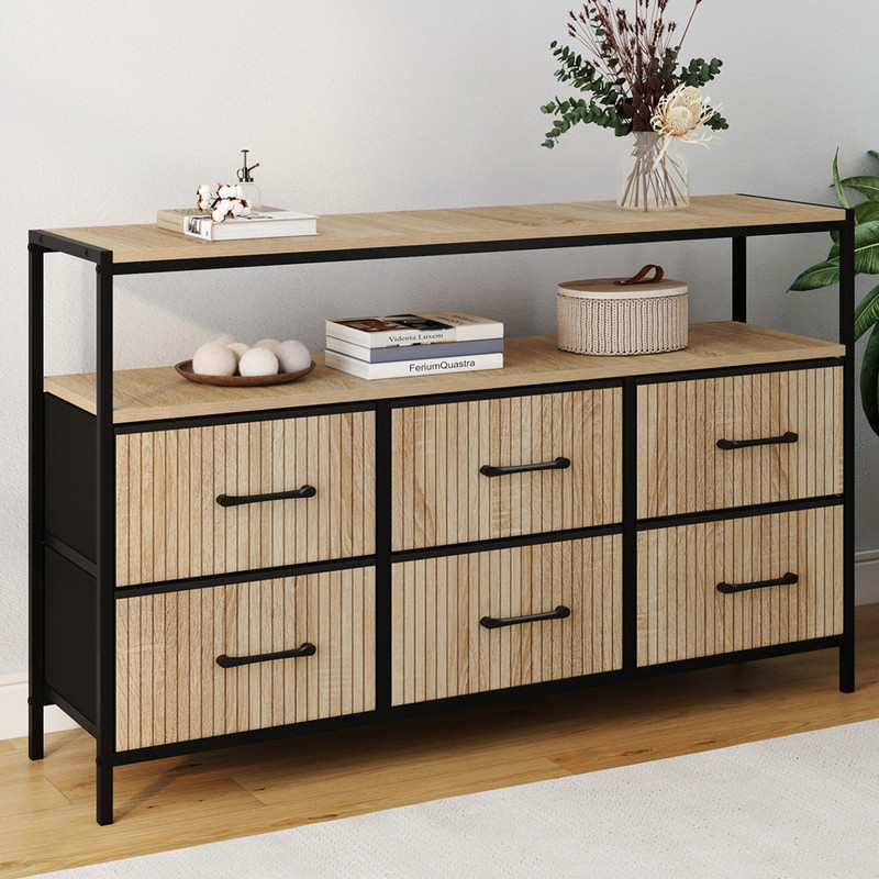TEMU Commode 6 tiroirs en tissu 115 CM avec niche effet lattes meuble de rangement design industriel
