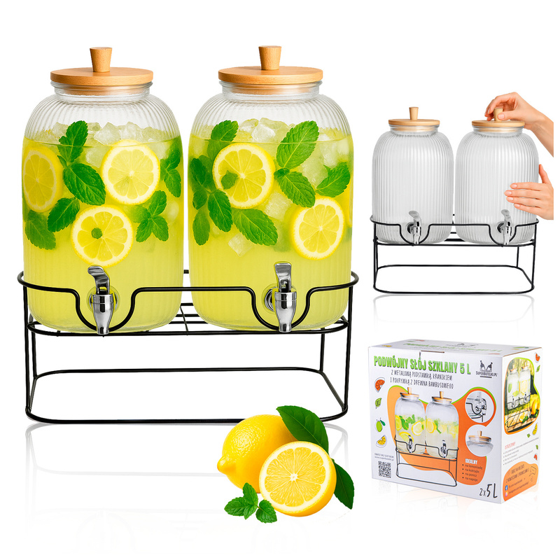 Image of A Jug With A Tap, A 5l On A Metal Stand, Equipped With A Tap For Lemonade, Water, Juice, Punch With A Bamboo Cover.