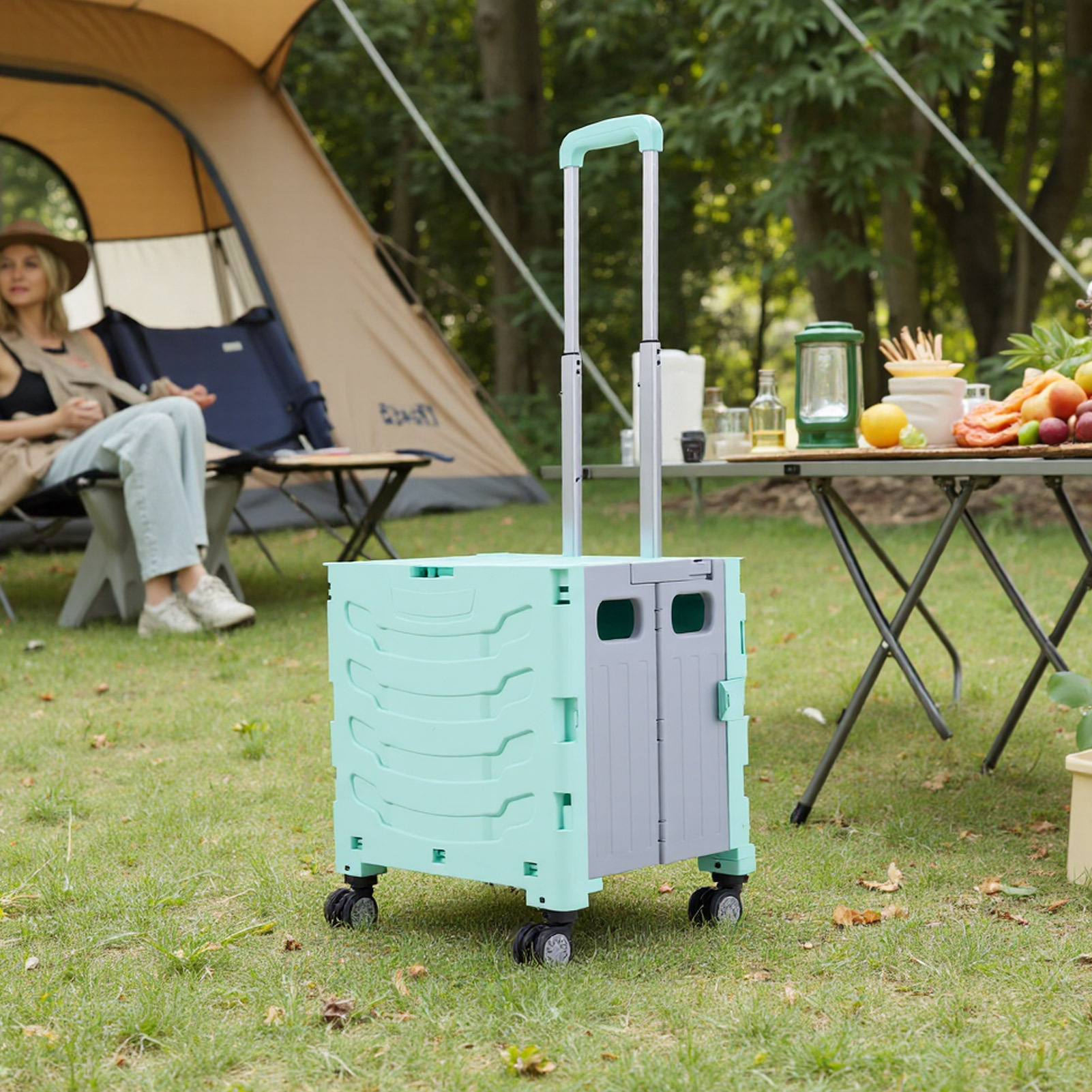 TEMU 45l Gray/ Green Office Multi-functional Handcart - Office Supplies Storage Box - With Brakes And Adjustable Handle - Large Capacity Storage Box