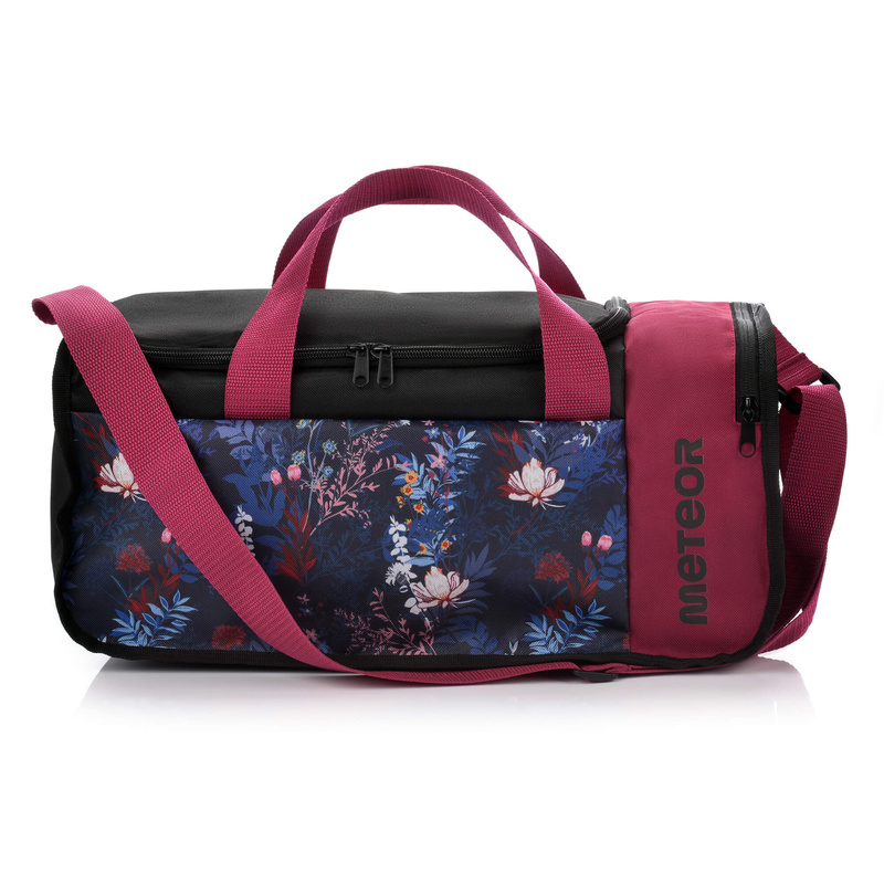 Image of Fitness Meteor Bag In A Floral Pattern. Bag Ideal For Work, School, Gym, Yoga Classes Or Pool. It Has A Large Main Compartment With A Zip Closure And Pockets For A Towel.