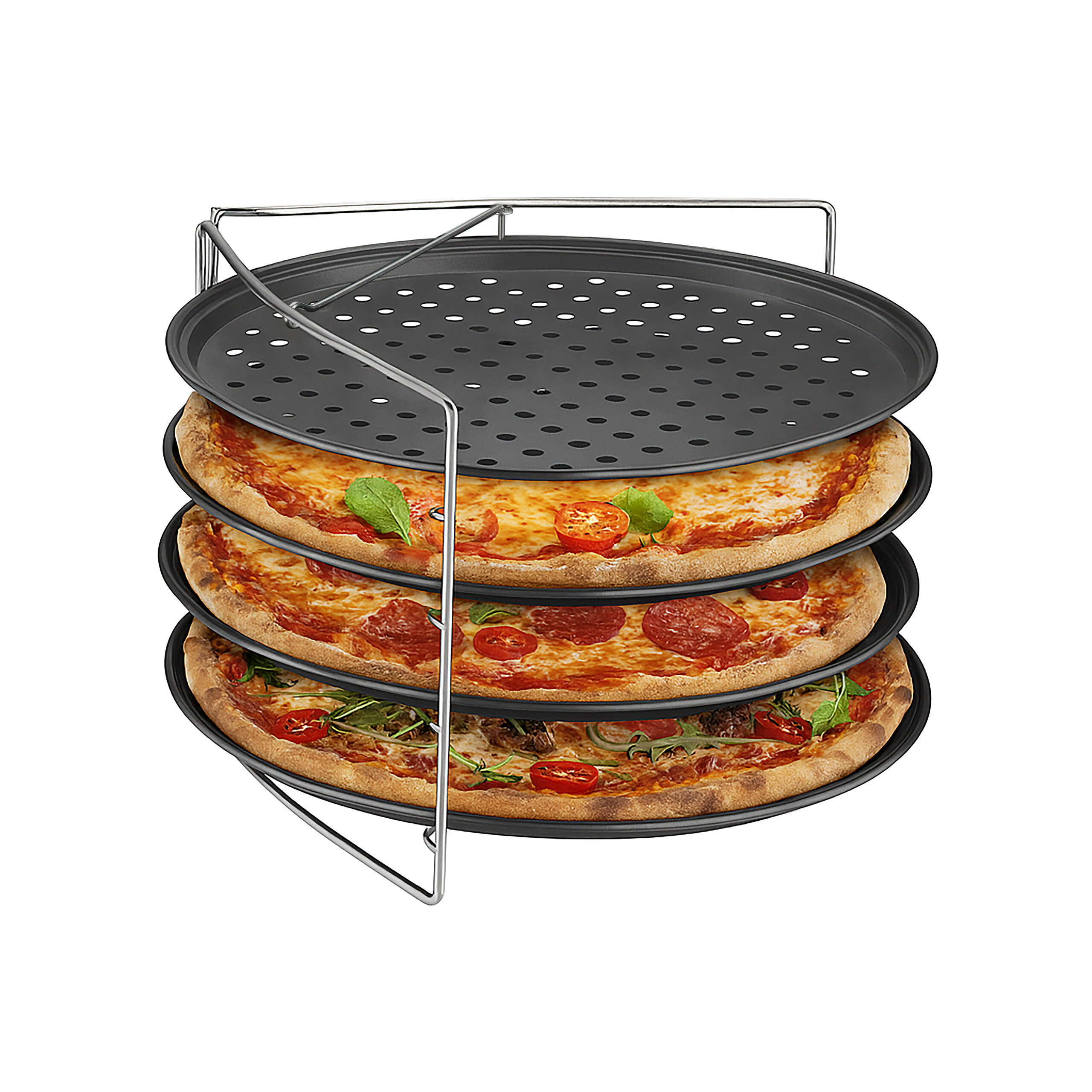 TEMU Pizzablech-Set perforiert, 4er Set, mit Gestell, 32 cm Durchmesser, 1 cm hoch, Carbonstahl und Edelstahl, antihaftbeschichtet, anthrazit und