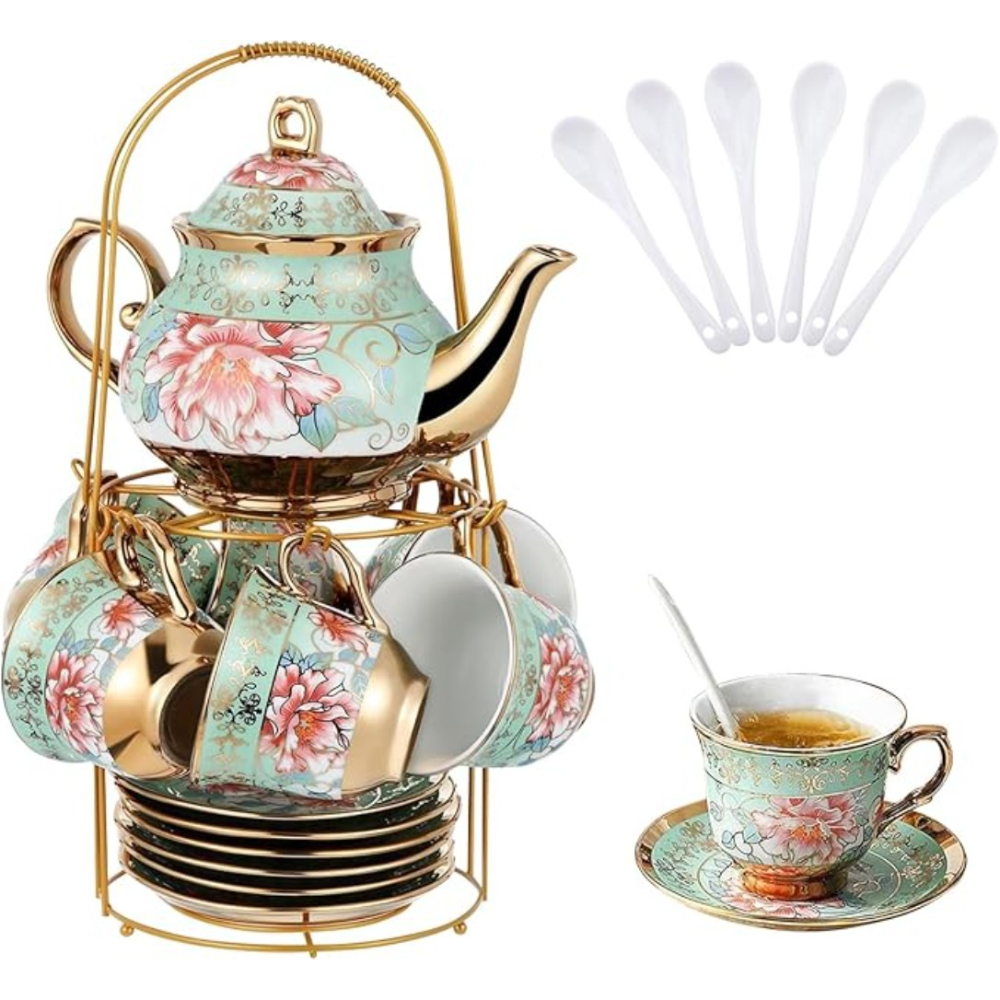 TEMU 20pcs European Ceramic Tea Set Coffee Cup Set With Flower Painting, Including 1 Teapot, 6 Cups, 6 Saucers, 6 Spoons, And 1 Stand, Perfect For