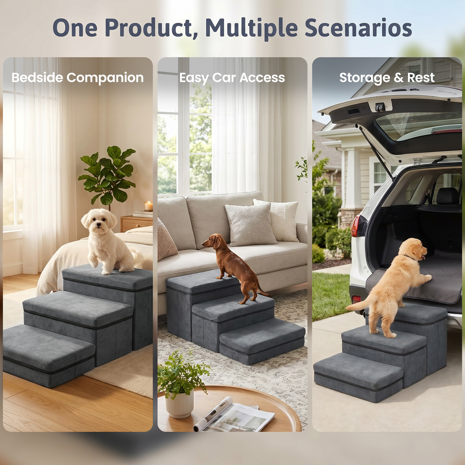 Dog Stairs with Storage, Foldable Pet Steps for Bed and Sofa
