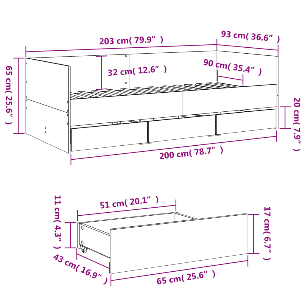 Bed for Living Room and Bedroom, Daybed with Drawers without Mattress White 90x200 cm