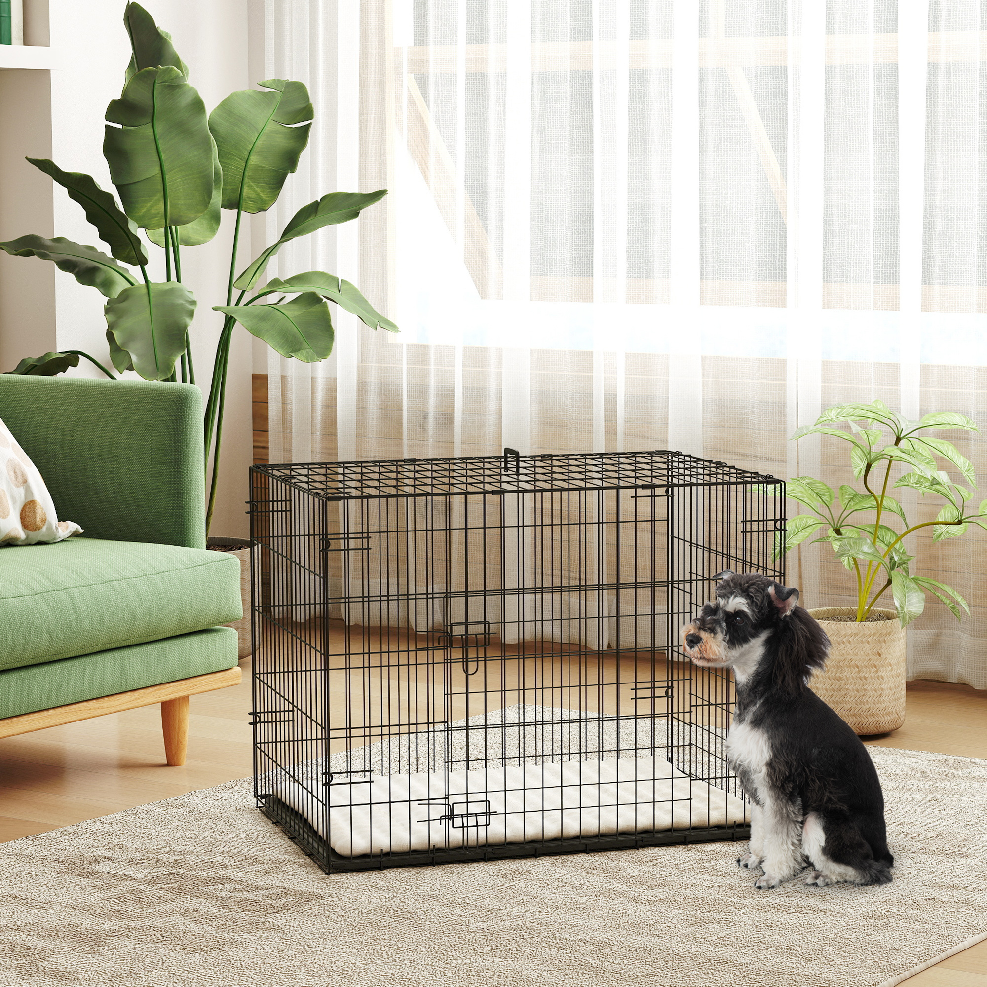 TEMU Pawhut Dog Cage, Foldable Dog Travel Crate, With 2 Doors, Removable Tray, Soft Washable Cushion, , 76 X 53 X 60 Cm, Black