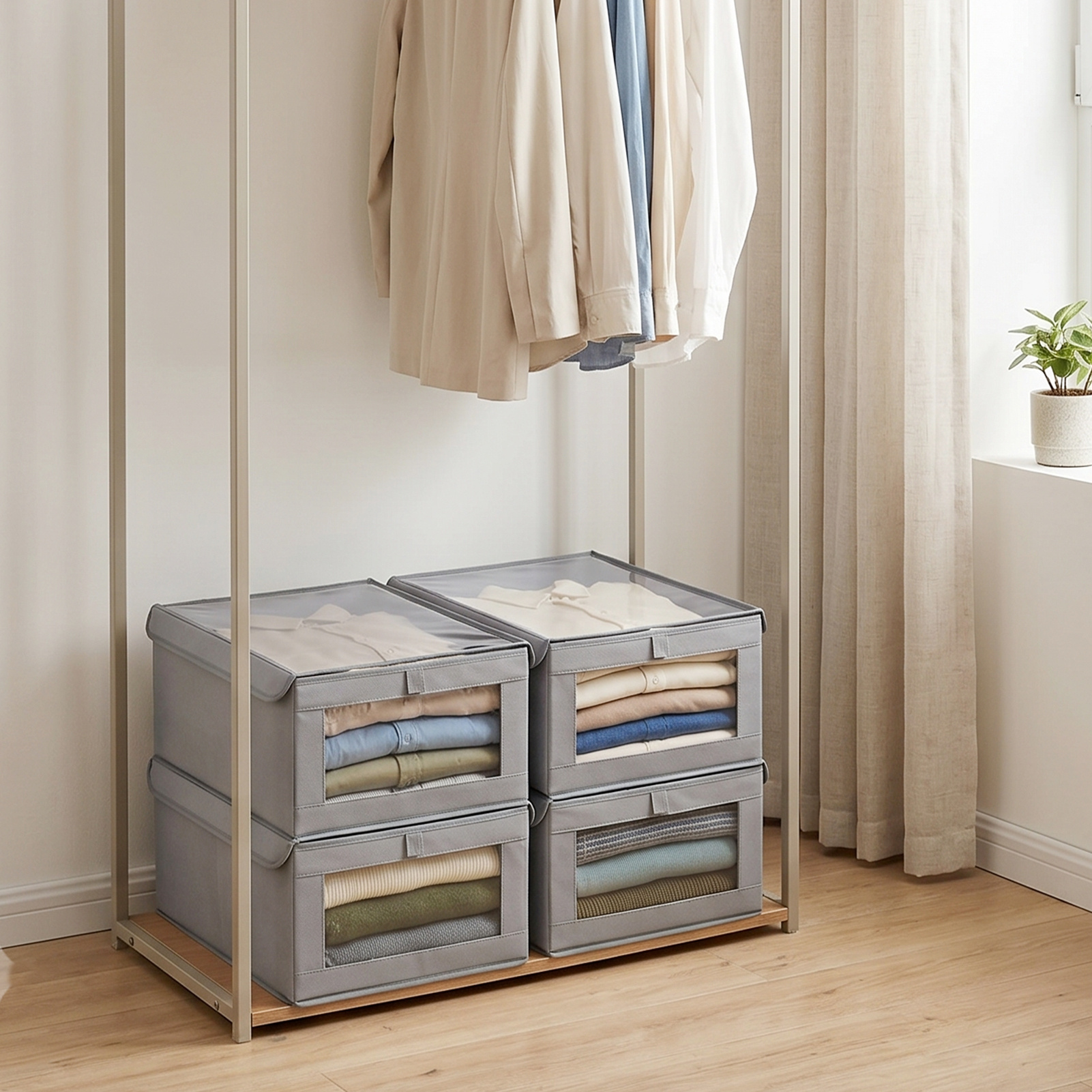 Set of 4 Large Foldable Stackable Grey Garment Storage Boxes