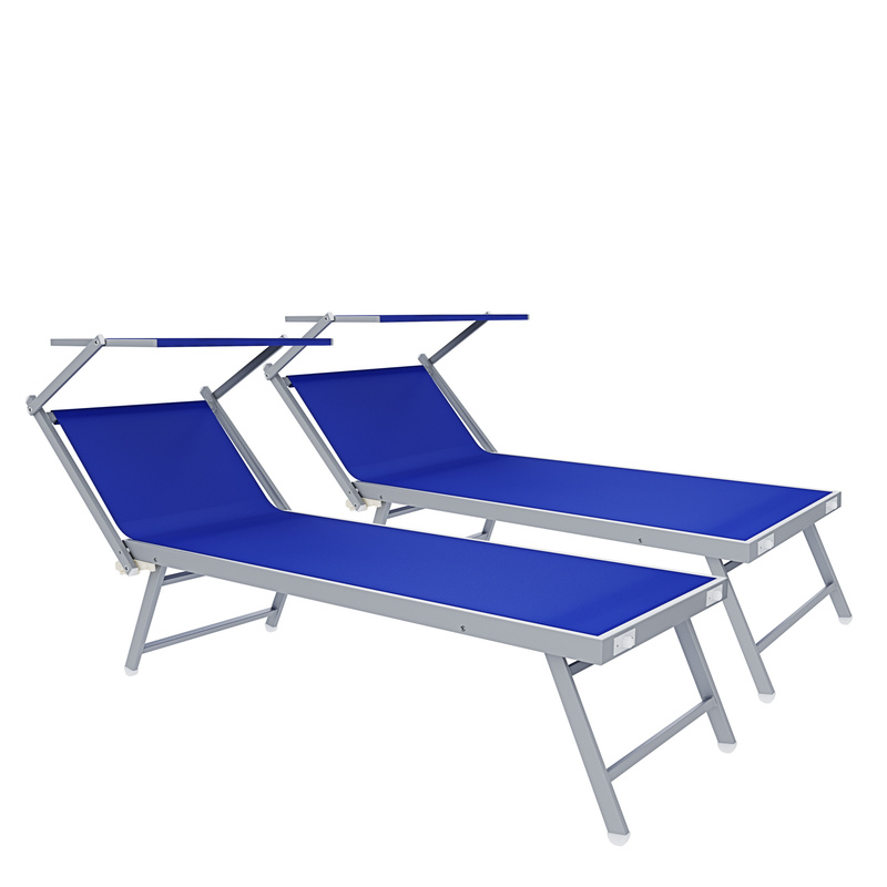 TEMU Pair Of Blue Folding Sun Loungers Professional Aluminum Adjustable Canopy Sunshade Beach 182 X 60 X 38 Cm
