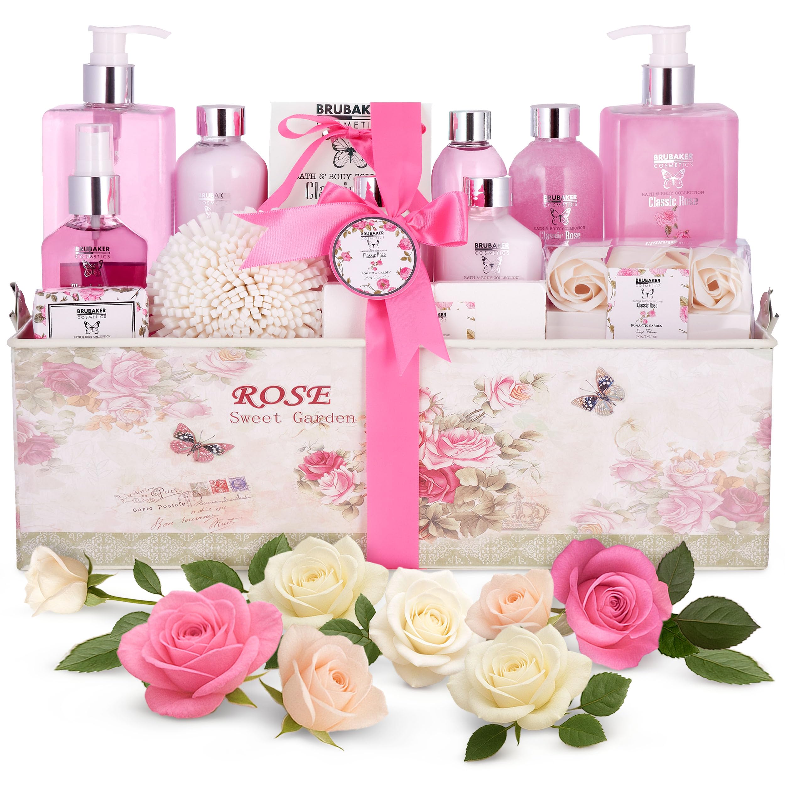 Image of Brubaker Cosmetics Bath And Shower Set Rose Scent - 17-piece Set In Vintage Gift Box