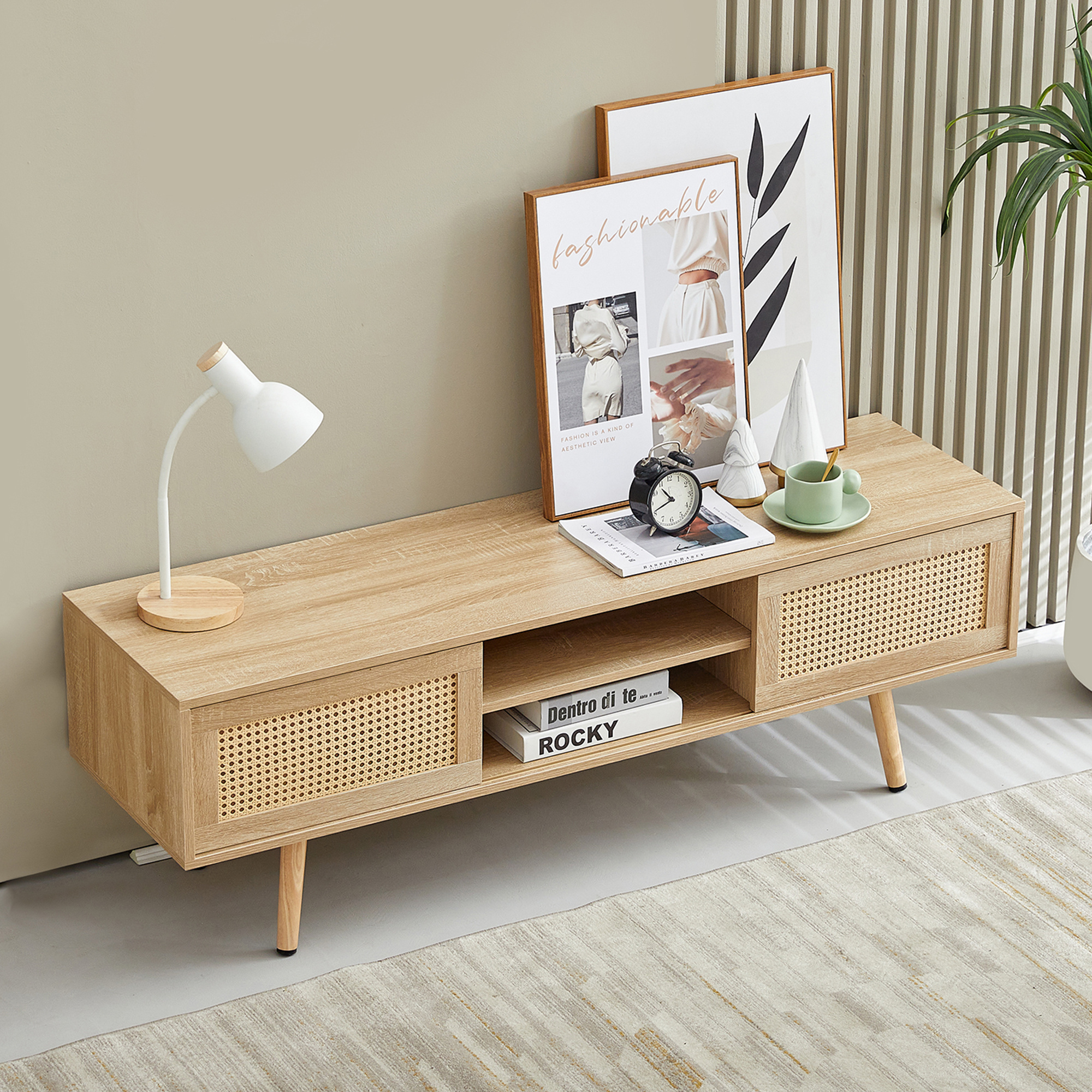 Image of Tv Cabinet Made Of Wicker With Double Sliding Doors, Storage Space, Adjustable Shelves And Legs Made Of Solid Wood. Tv Cabinet For The Living Room, Natural Wood Look - H45/b1400/t40 Cm