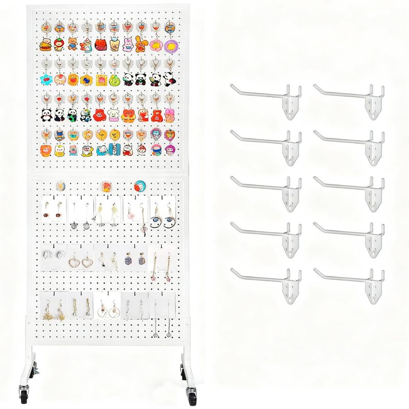 1pc Metal 2x 5' Standing Metal Pegboard Display Rack With Wheels
