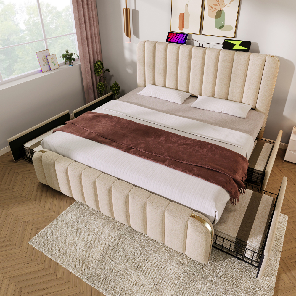 180x200 Beige Linen Bed With Metal Rivets & Stripes, 4 Drawers, Wheels, 20 Cm Clearance, Solid Wood Slats, Noise-reducing, 226 Kg Load Capacity