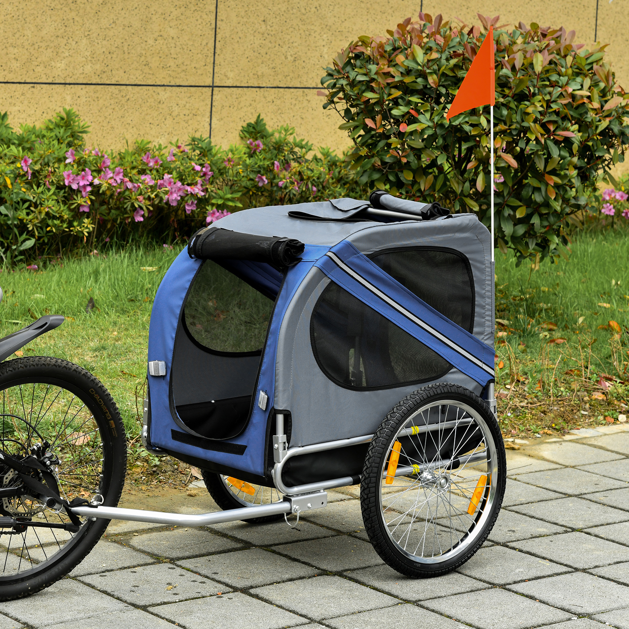 Image of Foldable Dog Bike Trailer With Window, Reflectors, And Storage Bag For Dogs Up To 30 Kg - Blue
