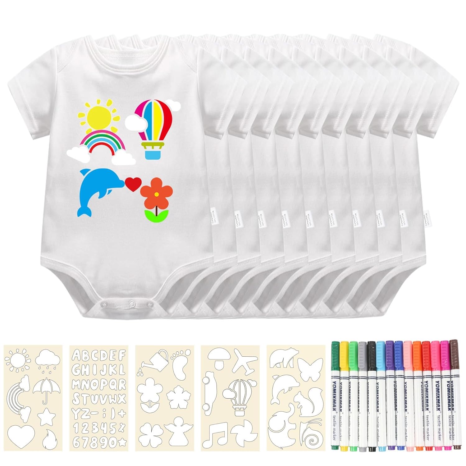 E-shop Packung mit 10 Bodysuits zum Bemalen, Weiße Lätzchen, 39 x 28 cm, für Malen in der Dusche, mit 14 Textilstiften, 5 Malvorlagen, Lätzchen,