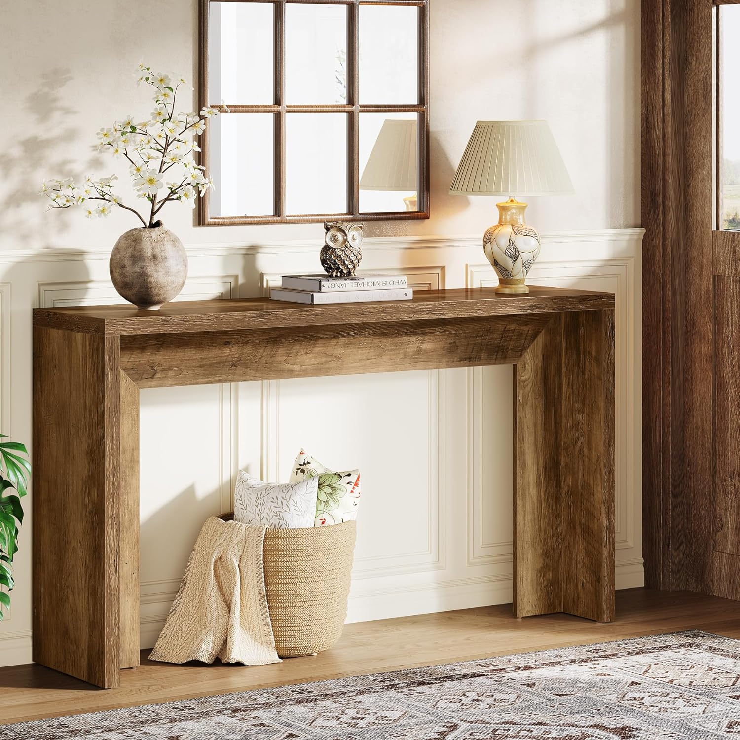 Image of Console Table In Farmhouse Style, 140 Cm, With Storage Space, Made Of Wood, Versatile And Used In The Entrance Area, Hallway Or Living Room, As A Coffee Table Or Decorative Table, Easy Assembly.