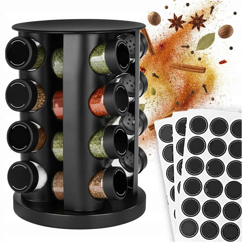 TEMU Rotating Spice Rack With 16 Glass Containers, Modern Kitchen Stand With Anti-slip Base, Made Of Durable Plastic And Stainless Steel, Includes 89