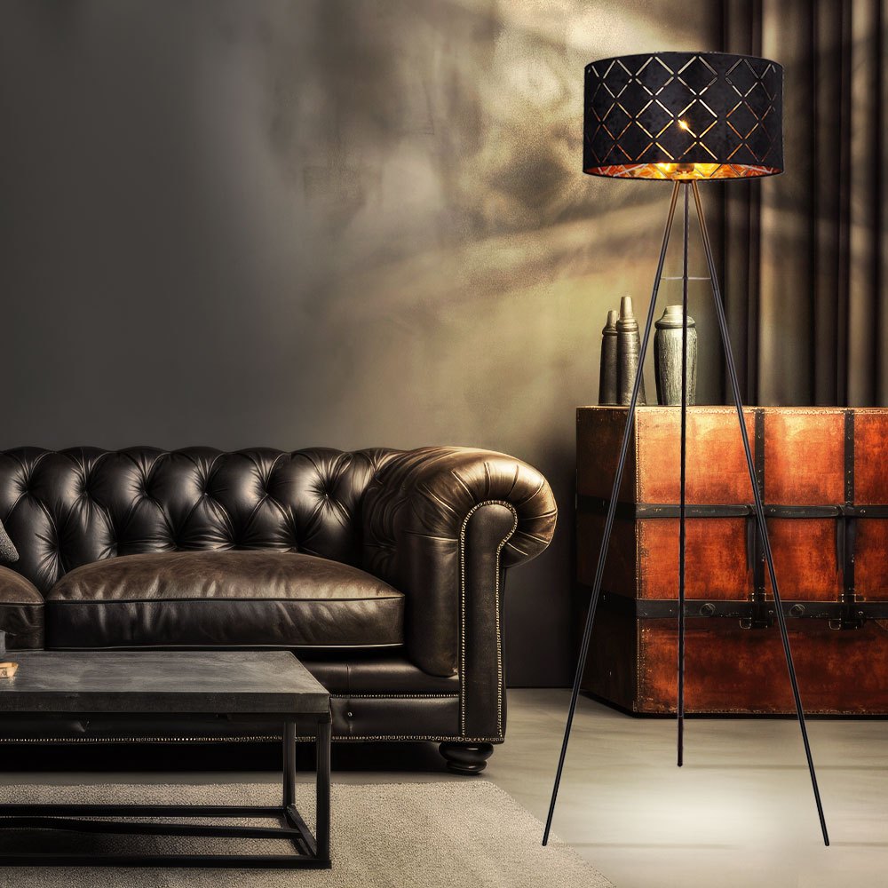 Image of Floor Lamp Floor Lamp Living Room Lamp Bedroom Light Stand Lamp, 3 Legs Textile Shade Black Golden, 1x E27 Socket, Dxh 69x149cm