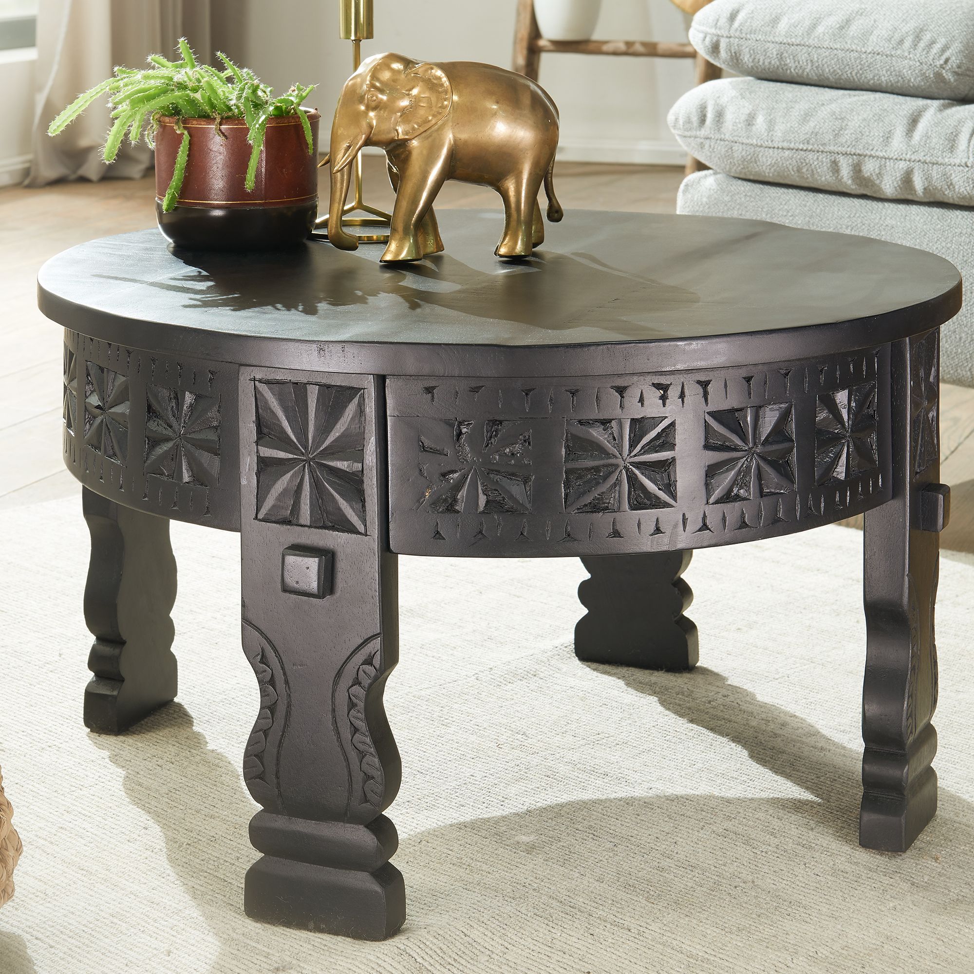 Solid Mango Wood Round Coffee Table, Black Living Room Sofa Table, Oriental Table, Solid Wood Coffee Table