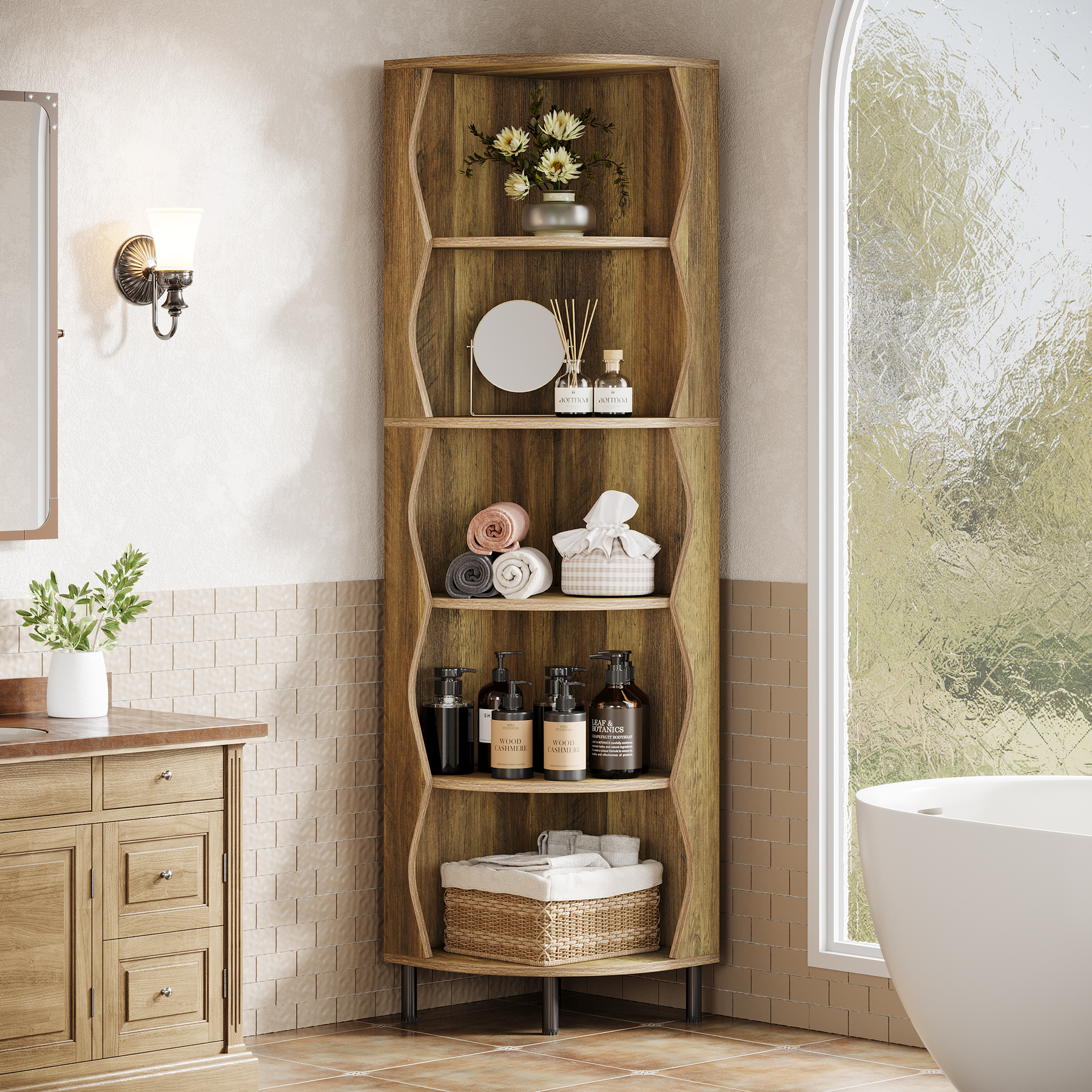 Image of 182cm Tier Corner Shelf, Bookcase Display Storage Rack And Plant Stand For Small Spaces Living Room Bedroom Kitchen In Brown.