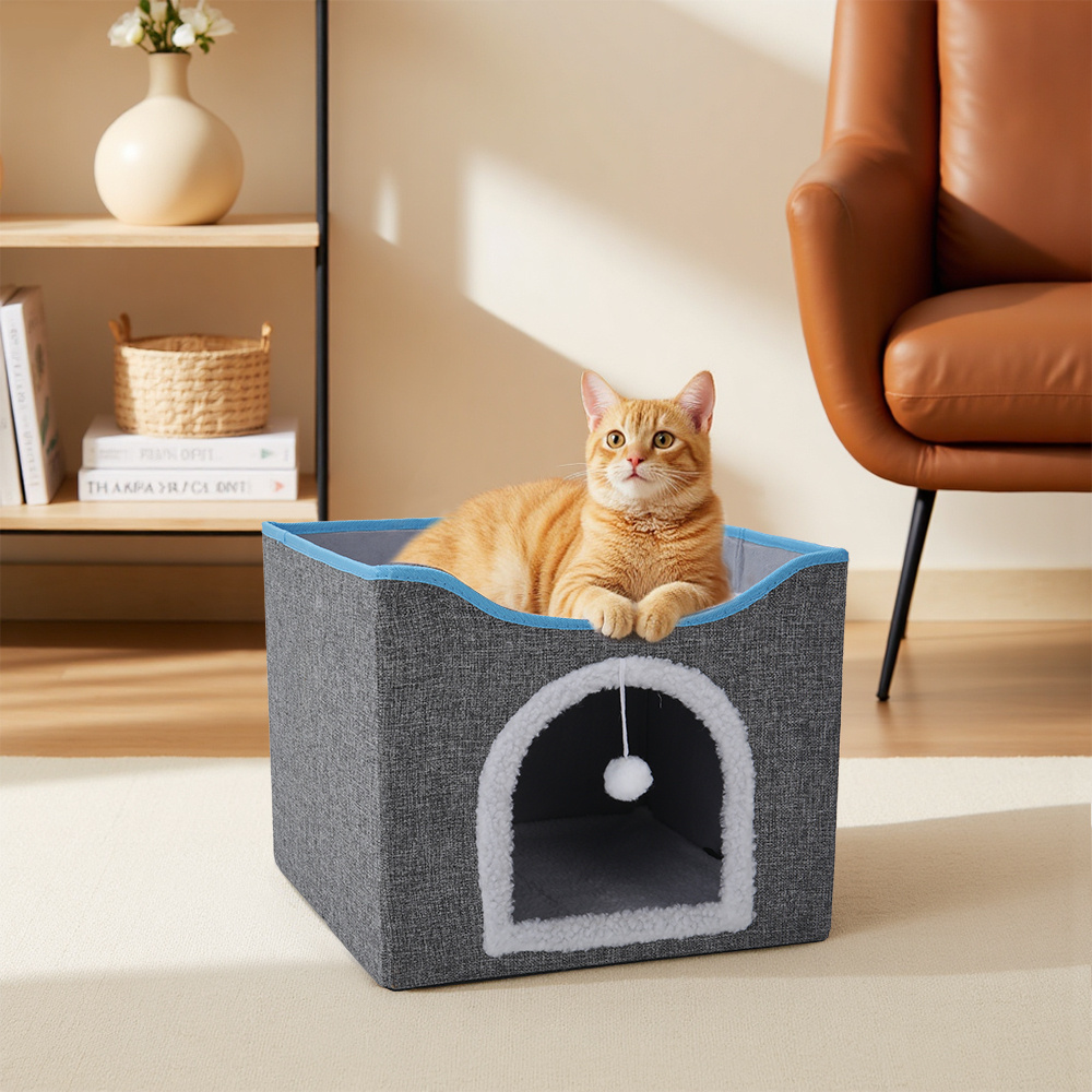 Foldable Cat Cave House with Scratch Pad, Cozy Cube Design
