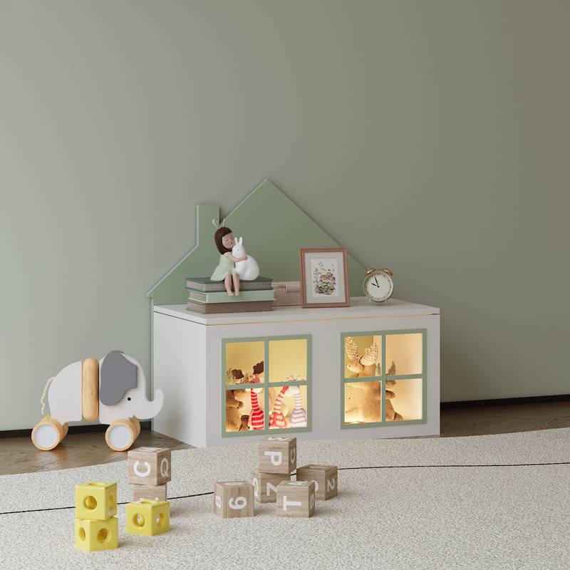 Toy Box Vipsali With Lid In House Design 56 X 60 X 33 Cm Mint Green / White