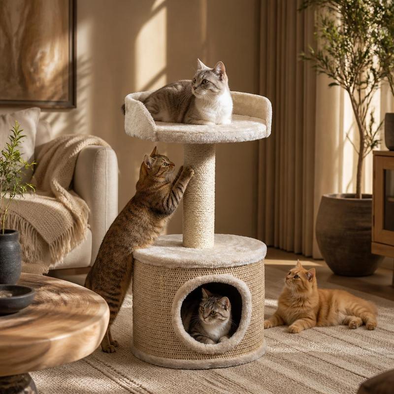 Luxurious Beige Cat Lounger 56x33x66cm, Cat Tree With Scratching Post, Plush Bed, Sisal Scratching Columns, Sturdy Tower For Kittens And Adult Cats For Play, Climbing, And Claw Sharpening