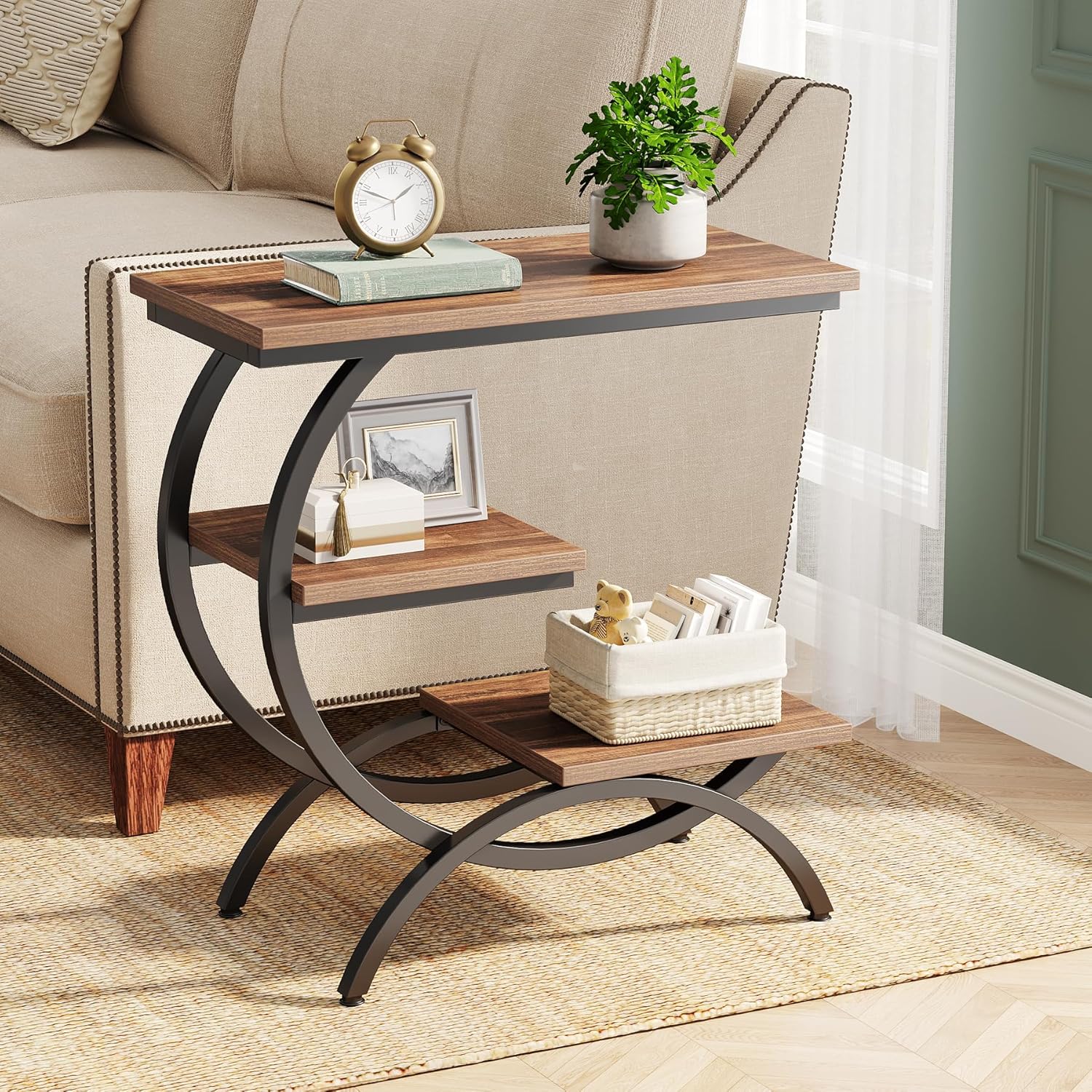 Image of Vintage Side Table, Industrial 3-tier Small Side Table For Couch, Wooden Bedside Snack Side Table With Storage Shelves For Living Room, Small Space, Dark Brown